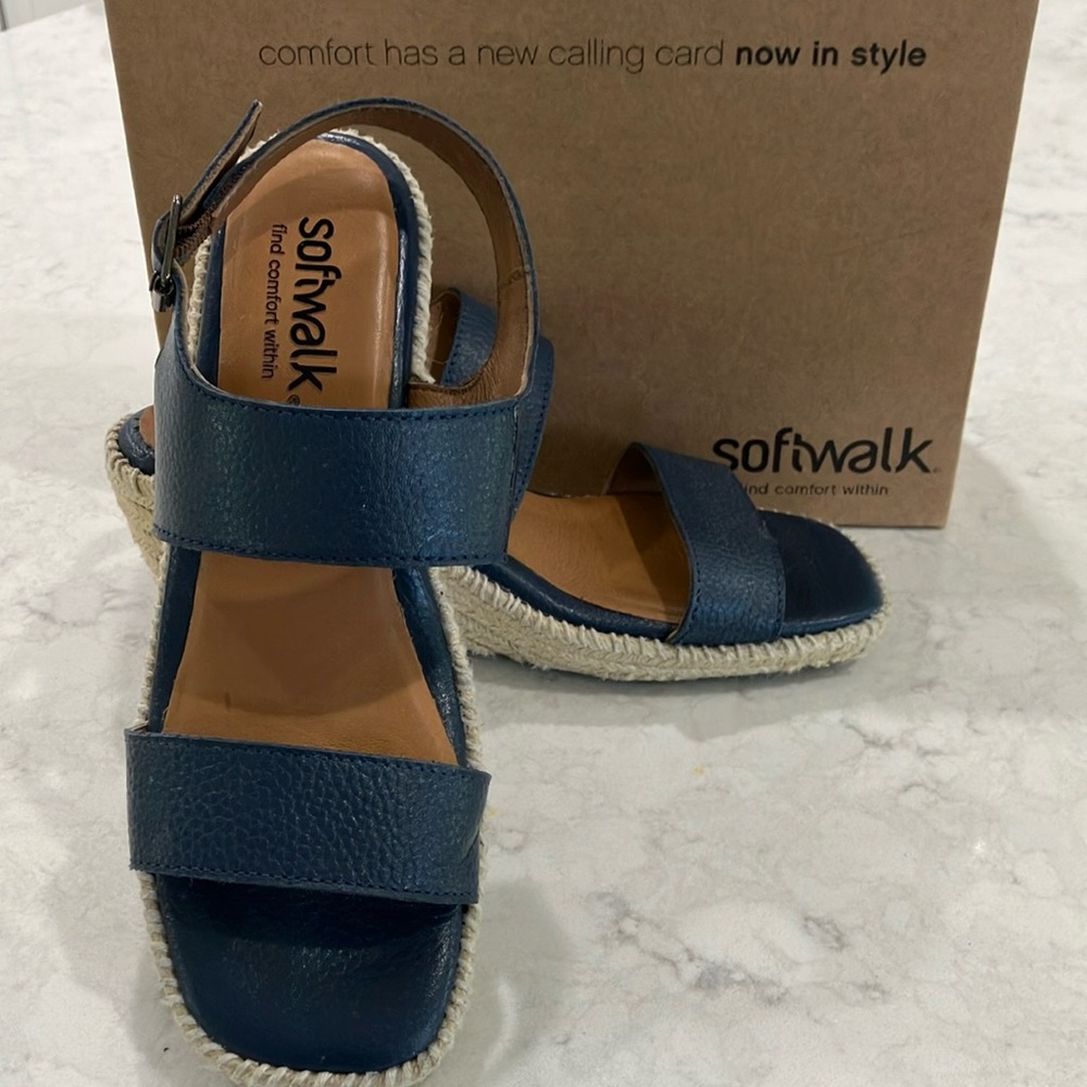 Softwalk Hartley Navy Leather Wedge‎ Espadrille Sandals W/Box Sz 7.5- EUC - Picture 2 of 15